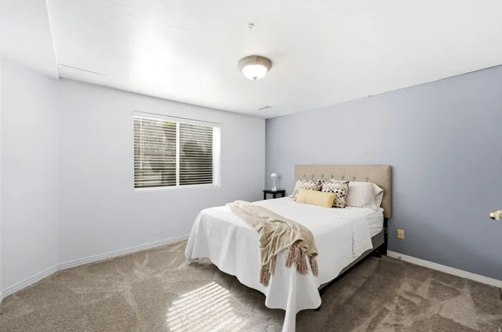 Neutral paint colors, carpet flooring, a window with blinds, and a flush-mount ceiling light fixture
