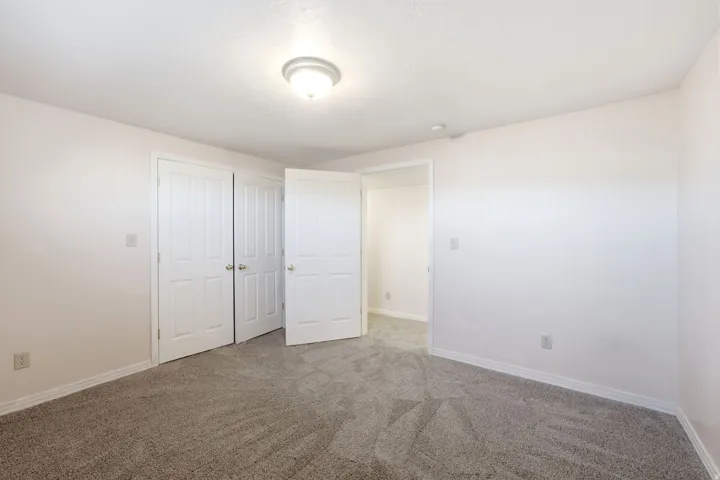 Soft gray carpeting, white walls, flush-mount ceiling light fixture, and white trim