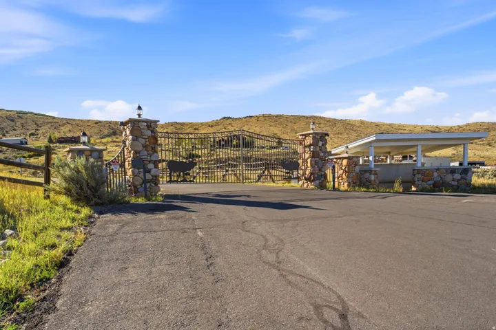 Asphalt driveway leading to a stone pillar entrance with decorative iron gates and a covered structure
