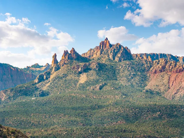 Mountainous terrain featuring dramatic rock formations, varied geological strata, and extensive evergreen tree coverage