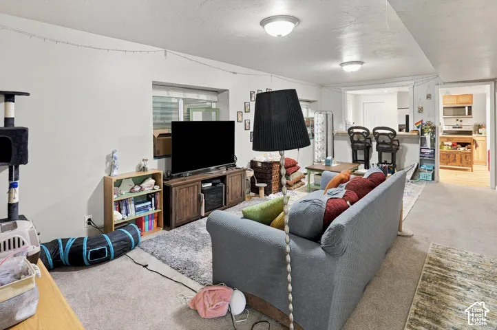 Recessed lighting illuminates this living area featuring carpeting and a pass-through opening to an additional room