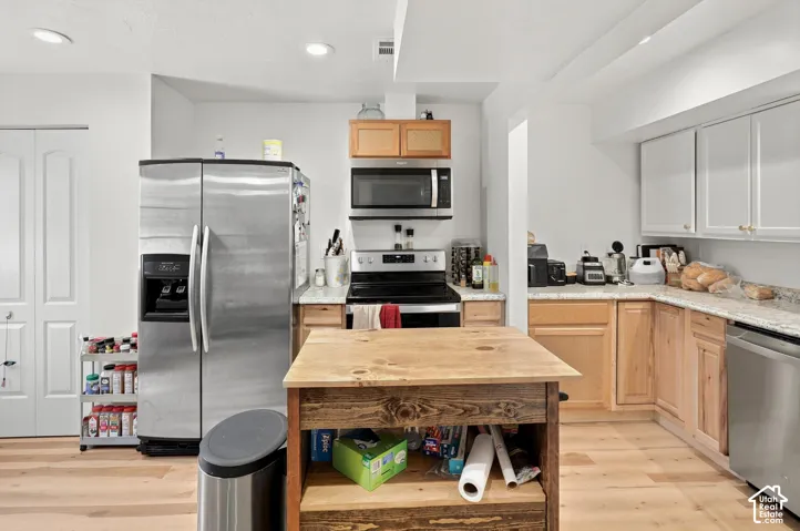 Stainless steel appliances, wood-finish flooring, light-toned cabinetry, and light-toned countertops
