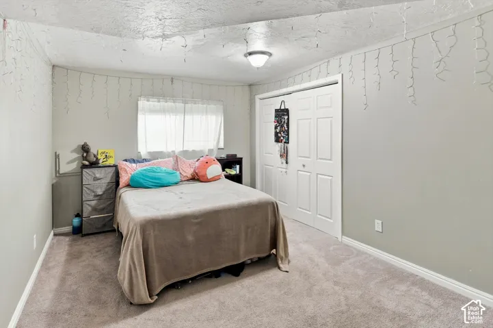 Carpeted flooring, bi-fold closet doors, overhead flush-mount lighting, and a window with sheer curtains