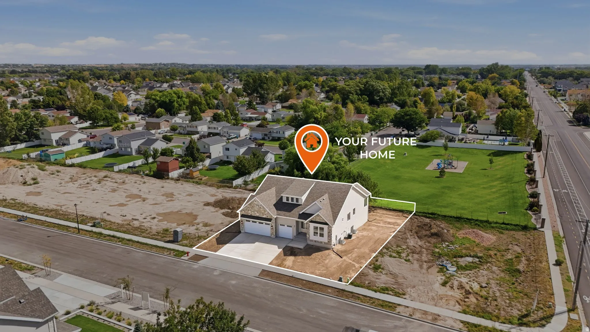 New construction home featuring a two-car garage, light-toned exterior siding, and gabled rooflines