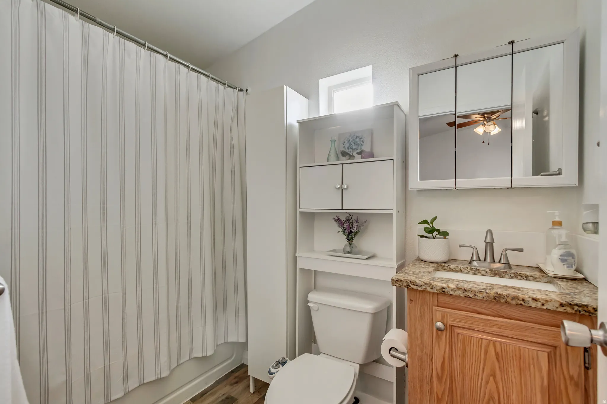 Wood-finish flooring, white vanity with a granite-style countertop, undermount sink, and a mirrored medicine cabinet