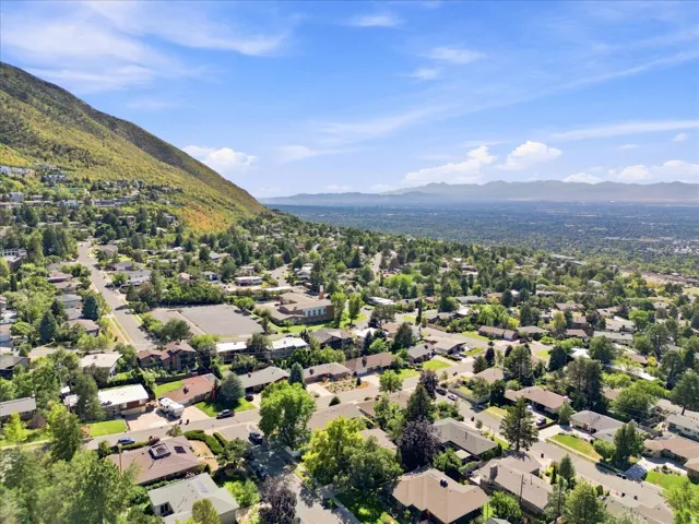 Expansive residential area featuring a diverse mix of homes, mature trees, and mountainous topography