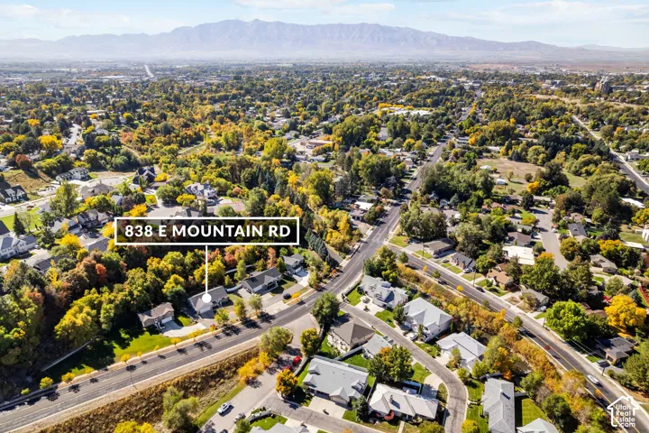 Aerial perspective of a residential neighborhood with varied architecture, mature trees, and a distant mountain range