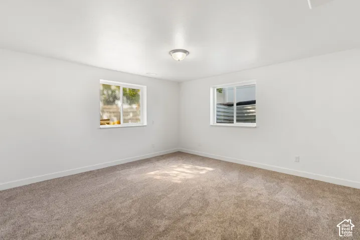 Neutral-toned carpeting paired with white walls, two windows, and a flush-mount ceiling fixture