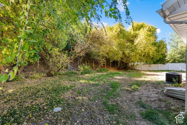 Expansive outdoor space featuring mature trees, a partial privacy fence, and a visible exterior wall