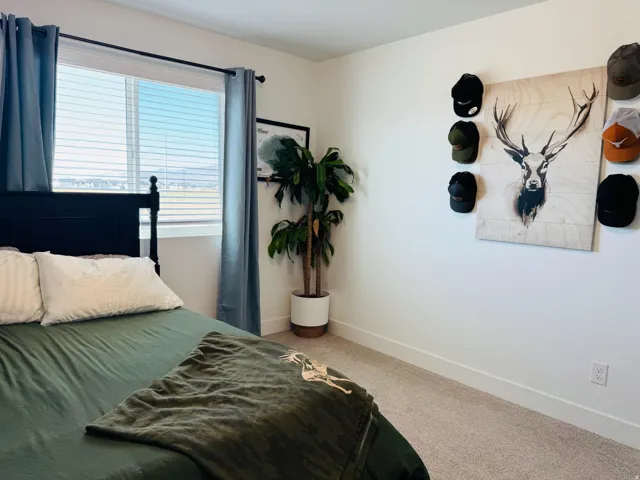 Carpeted room featuring a large window with blinds, a black bed frame, and white walls