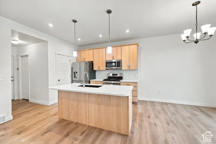 Kitchen island with a white countertop and integrated sink, stainless steel appliances, light wood-finish cabinetry, and wood-finish flooring