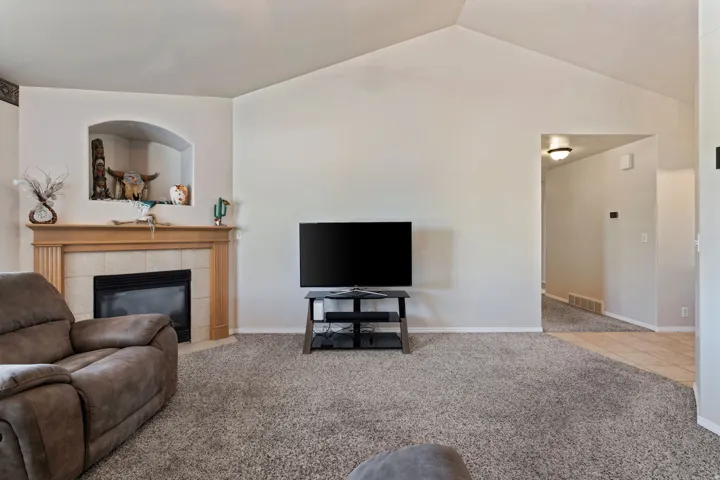 Open Concept. Vaulted Ceilings. Carpet. Tile. Large windows. Gas Fireplace.