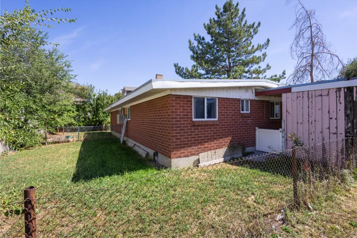 Fenced in back yard with shed