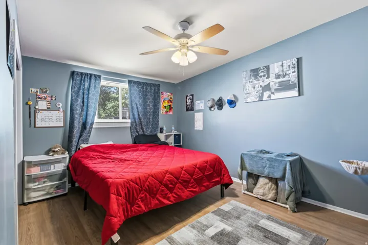 Wood-finish flooring, ceiling fan, and window with patterned curtains