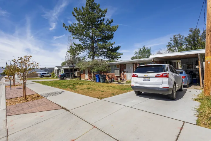 Front exterior featuring a concrete driveway, covered carport, and mature trees