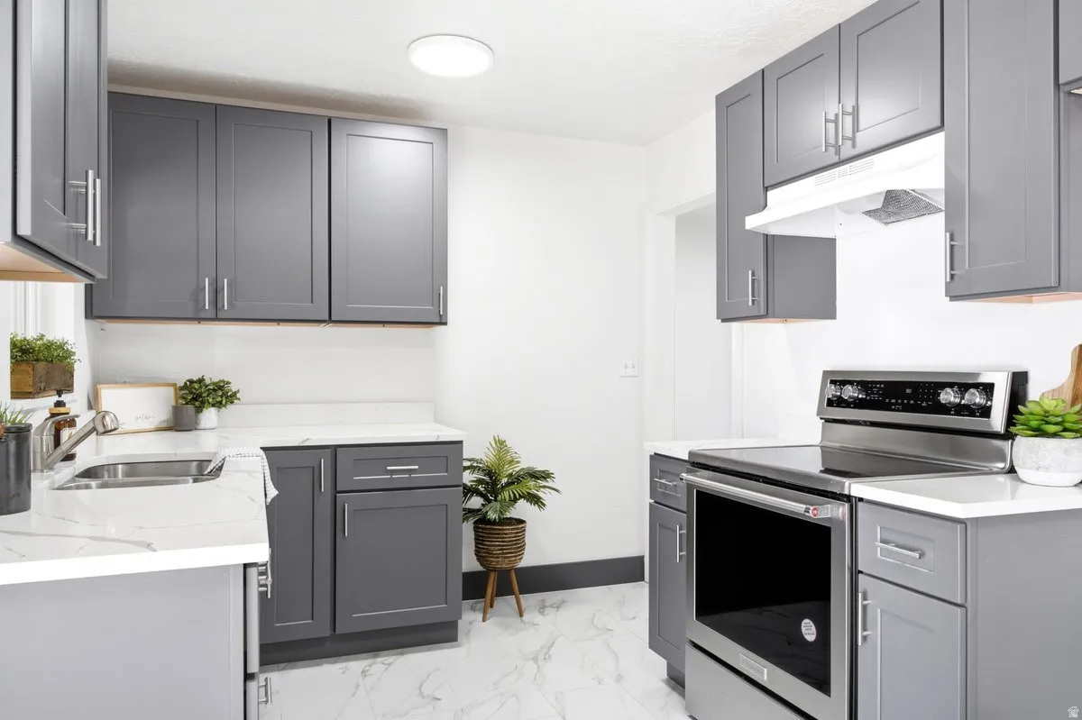 Kitchen featuring shaker-style cabinetry, stainless steel appliances, a range hood, quartz countertops, and a stainless steel sink