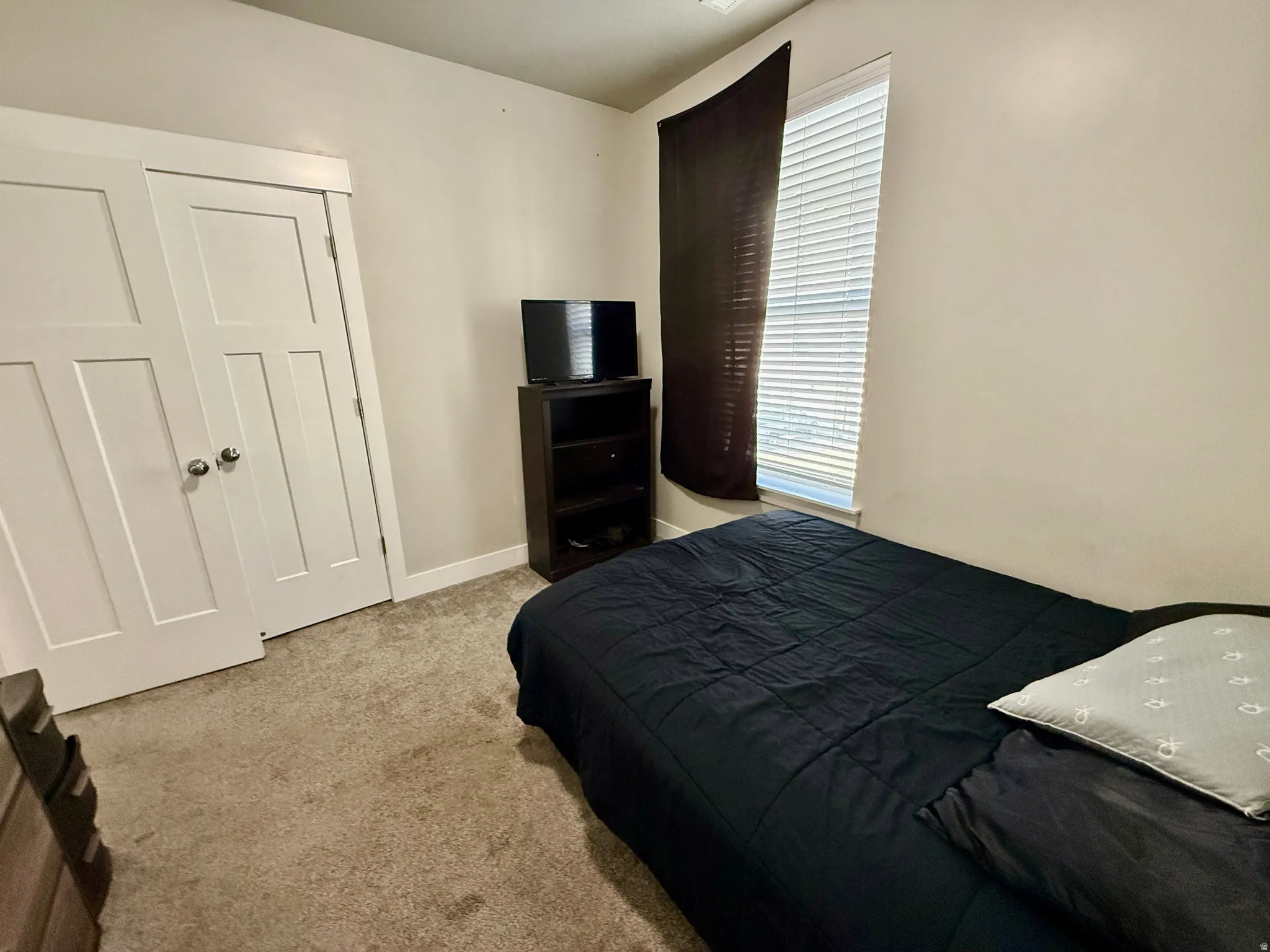 Carpeted flooring with light-toned walls, featuring a window with horizontal blinds and a built-in closet with double panel doors