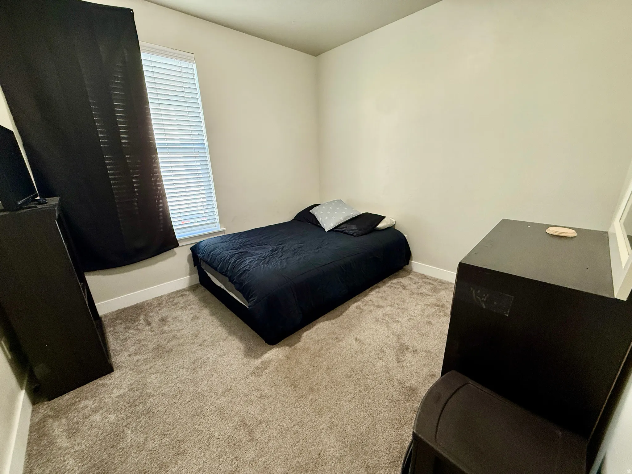 Carpeted flooring, neutral wall color, window with blinds, baseboards