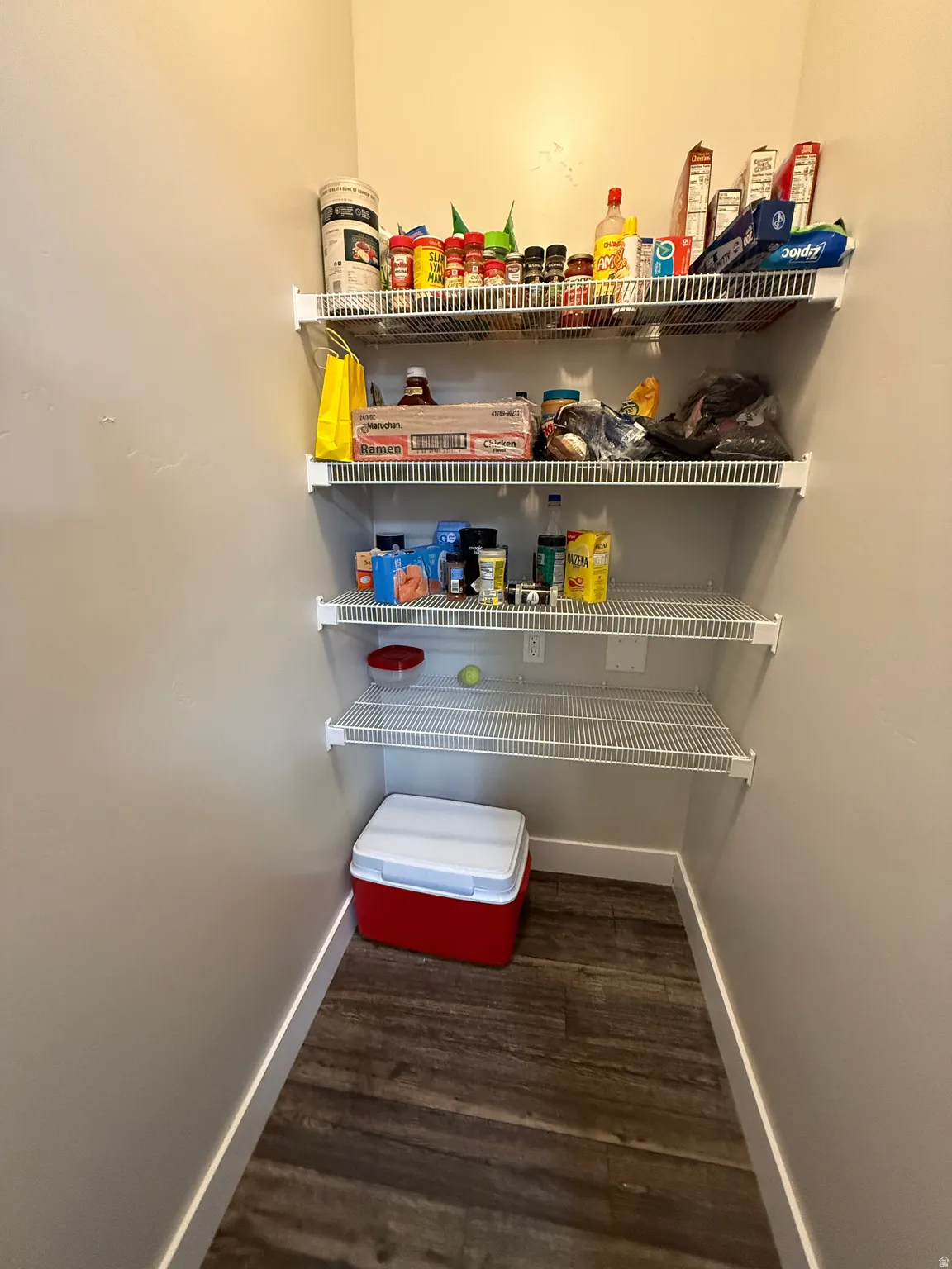 Built-in wire shelving, five-tier shelving system, wood-finish flooring, light-toned wall paint