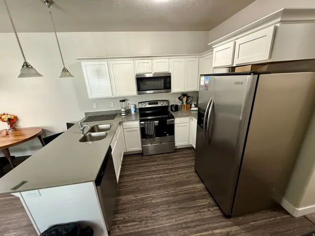 Kitchen featuring white shaker-style cabinetry, stainless steel appliances, a double basin sink, and wood-finish flooring