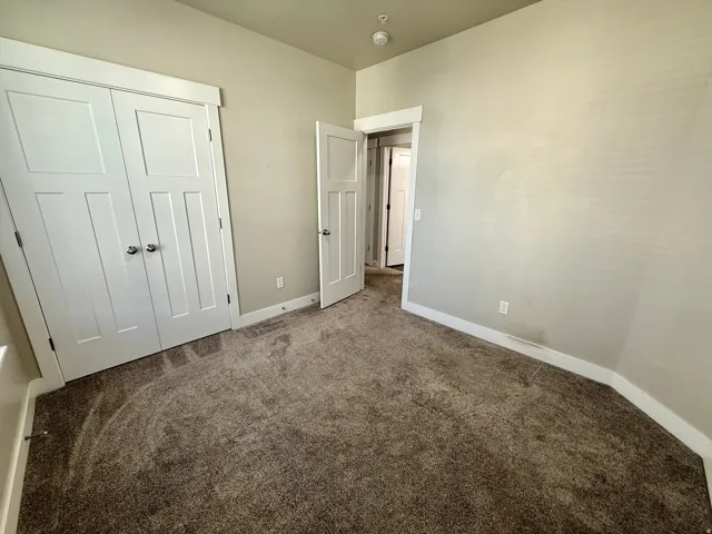 Neutral wall color, wall-to-wall carpeting, white interior doors, and white trim