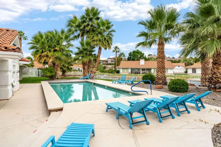 Outdoor swimming pool with integrated steps, surrounding concrete decking, and mature palm trees