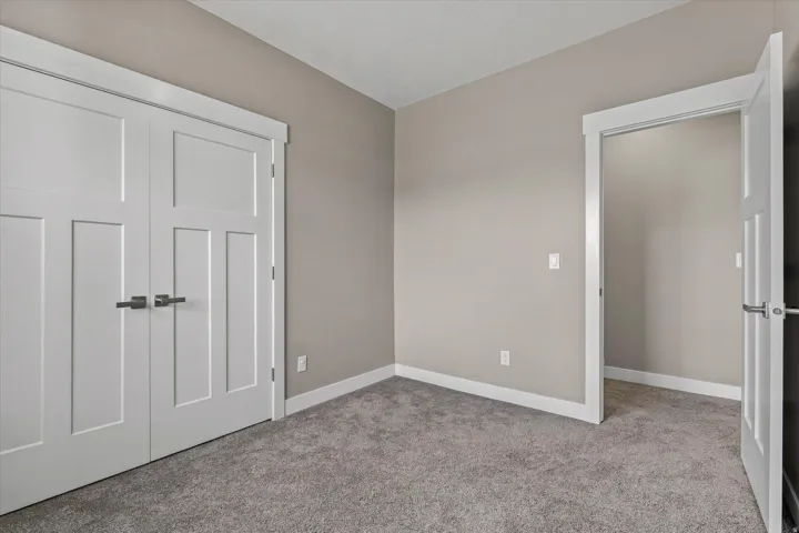 Neutral wall paint, carpet flooring, craftsman-style interior doors, and white trim molding