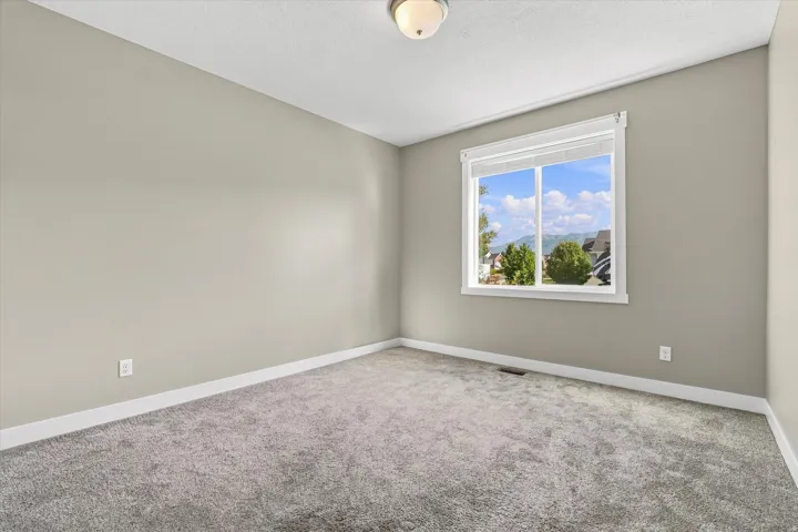 Neutral wall paint, plush carpet, single window with white trim, and a semi-flush mount ceiling light