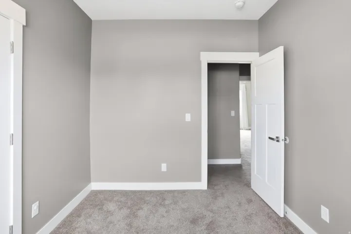 Neutral gray wall paint, white trim, paneled interior door, and gray carpet flooring