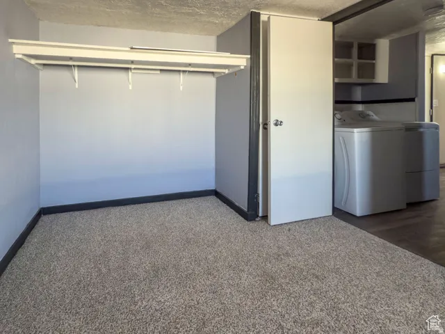 Carpeted flooring, built-in shelving, white paneled door, and wood-finish flooring
