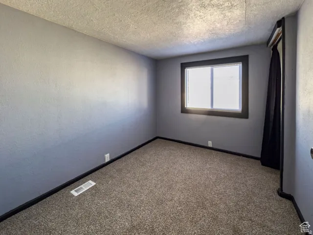 Wall-to-wall carpeting and a window with dark trim