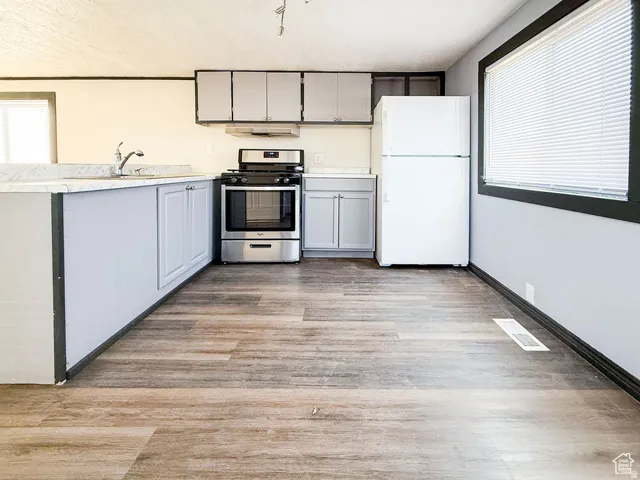 Kitchen featuring wood-finish flooring, light grey cabinetry, stainless steel range, and stone-finish countertops