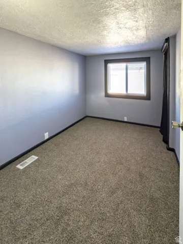 Wall-to-wall carpeting with painted walls and a single window with dark trim