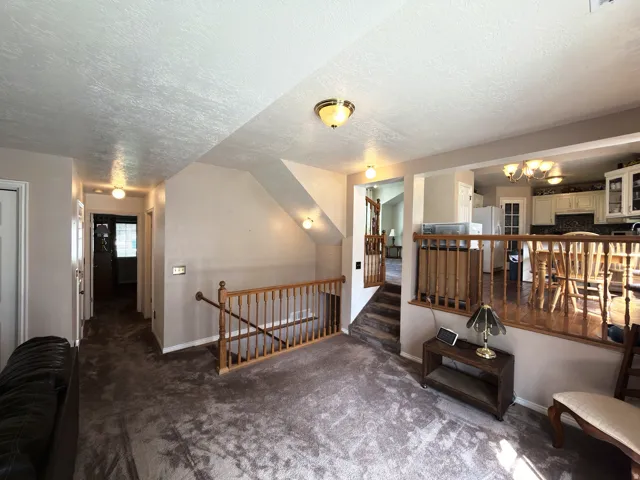 Split-level interior featuring wood railing, a carpeted living area, and a hallway with flush-mount lighting