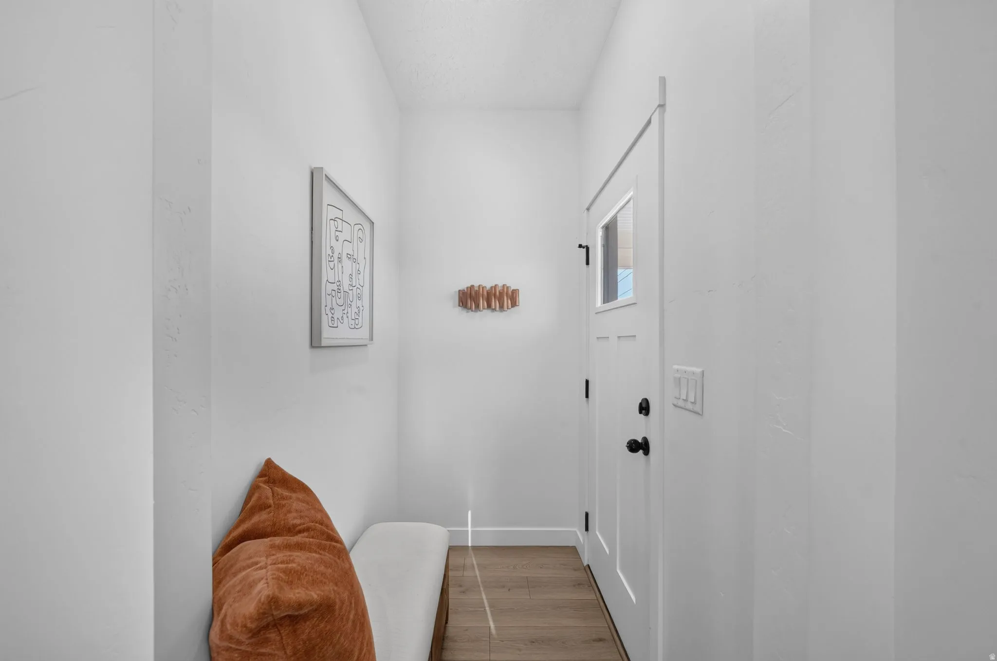 Entryway featuring a solid panel door with a clear pane, matte black hardware, and wood-finish flooring