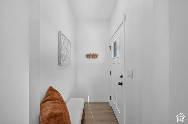 Entryway featuring a solid panel door with a clear pane, matte black hardware, and wood-finish flooring