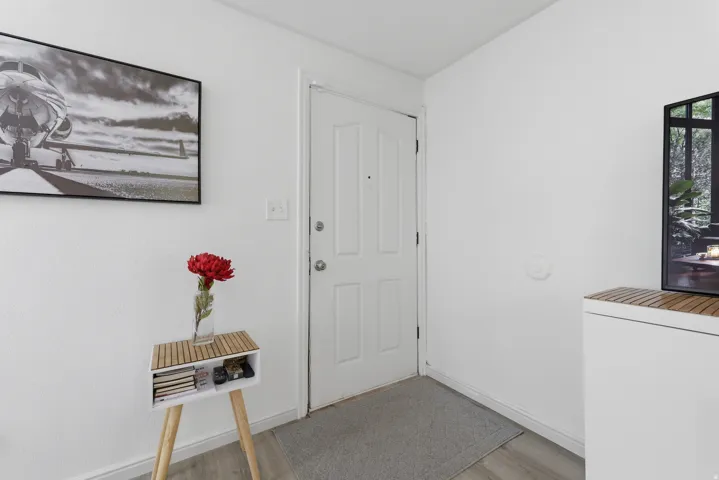 White paneled door with light grey wood-finish flooring