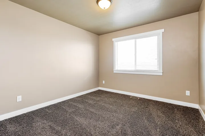 Recessed window with white blinds, neutral wall paint, and plush carpet flooring