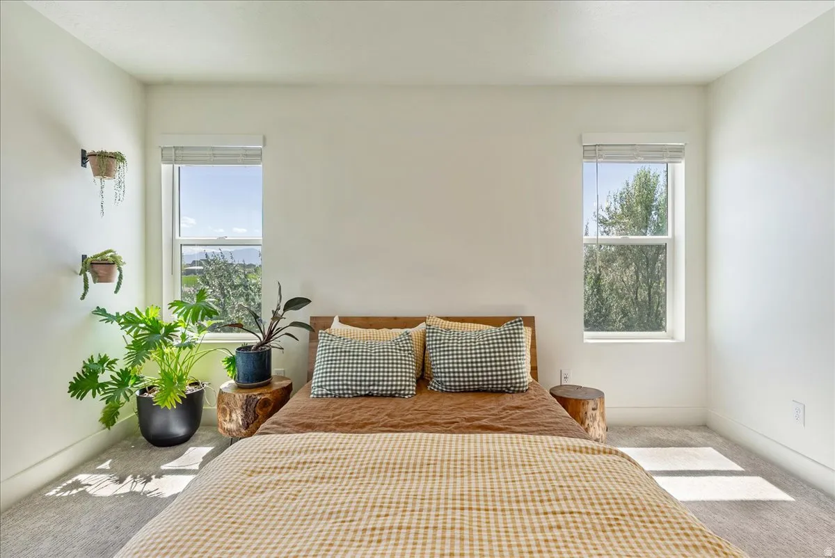 Carpeted flooring with dual windows providing natural light