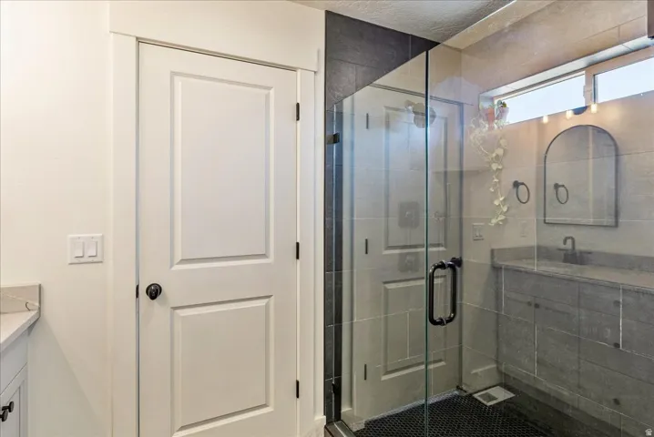 Glass-enclosed shower with black penny tile flooring, a transom window, and a dark-finish single vanity with an arched mirror
