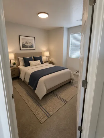 Recessed window with horizontal blinds, flush mount ceiling light fixture, and light-toned wall paint. Virtually staged.