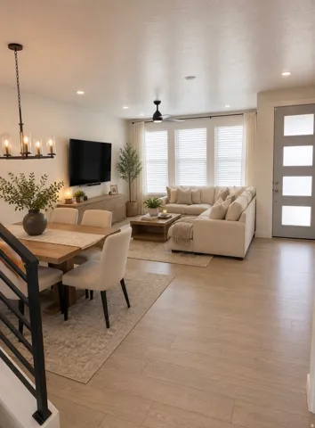 Wood-finish flooring throughout, recessed lighting, and a modern ceiling fan. Virtually staged.