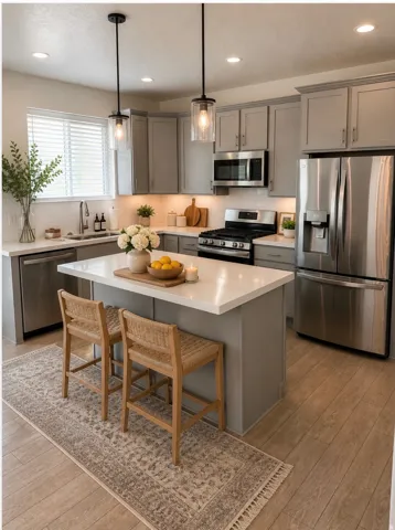 Kitchen featuring a central island, light-toned cabinetry, stainless steel appliances, white countertops, and wood-finish flooring