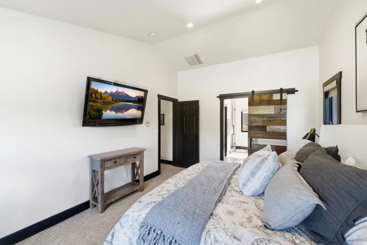 Wall-mounted television, recessed lighting, carpeted flooring, and a barn door with wood-finish paneling