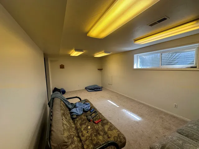 Carpeted flooring, recessed window, and overhead fluorescent lighting