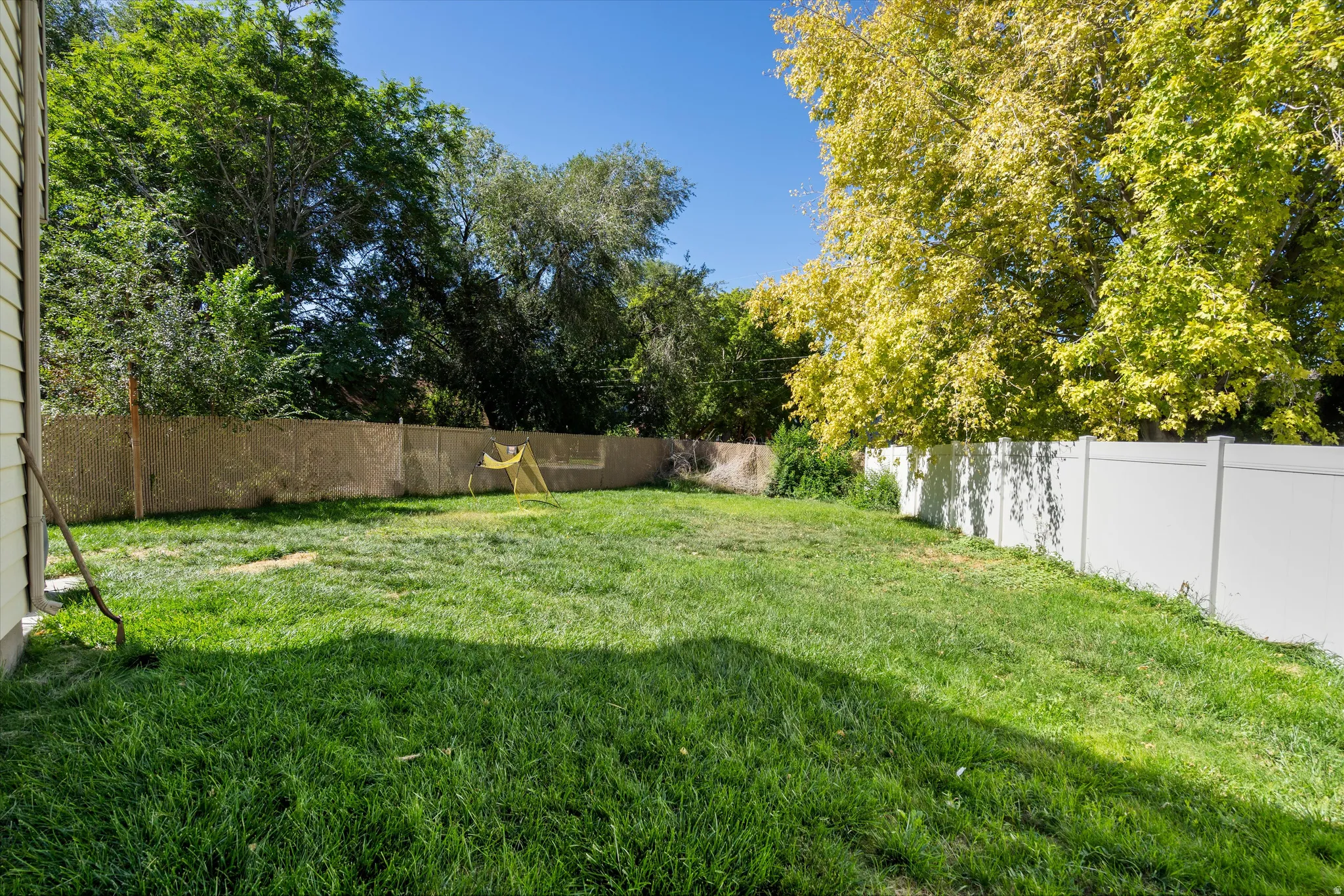 Expansive grass lawn bordered by a tall privacy fence and mature trees