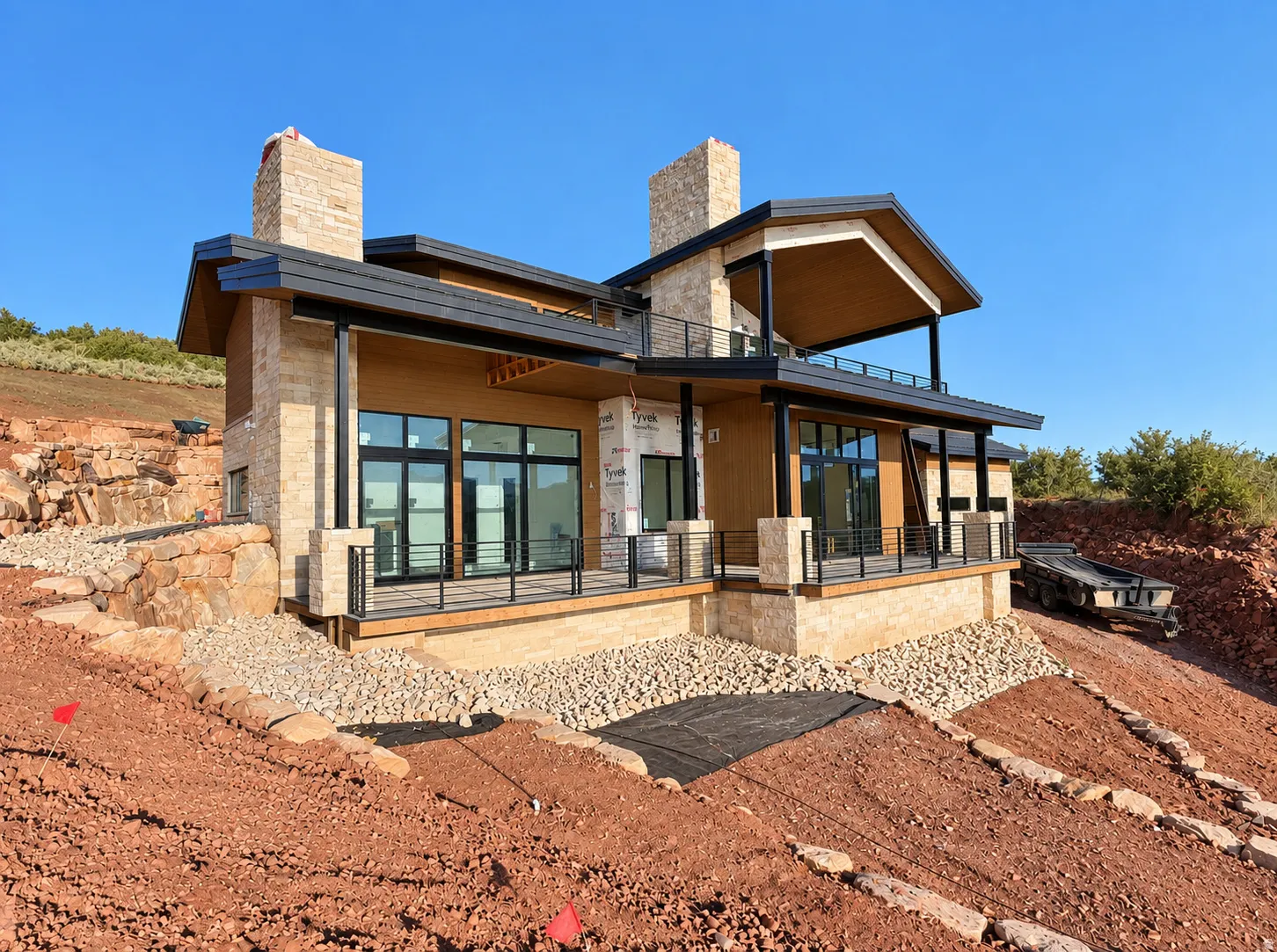 Stone and wood-finish exterior with multiple balconies and a covered patio
