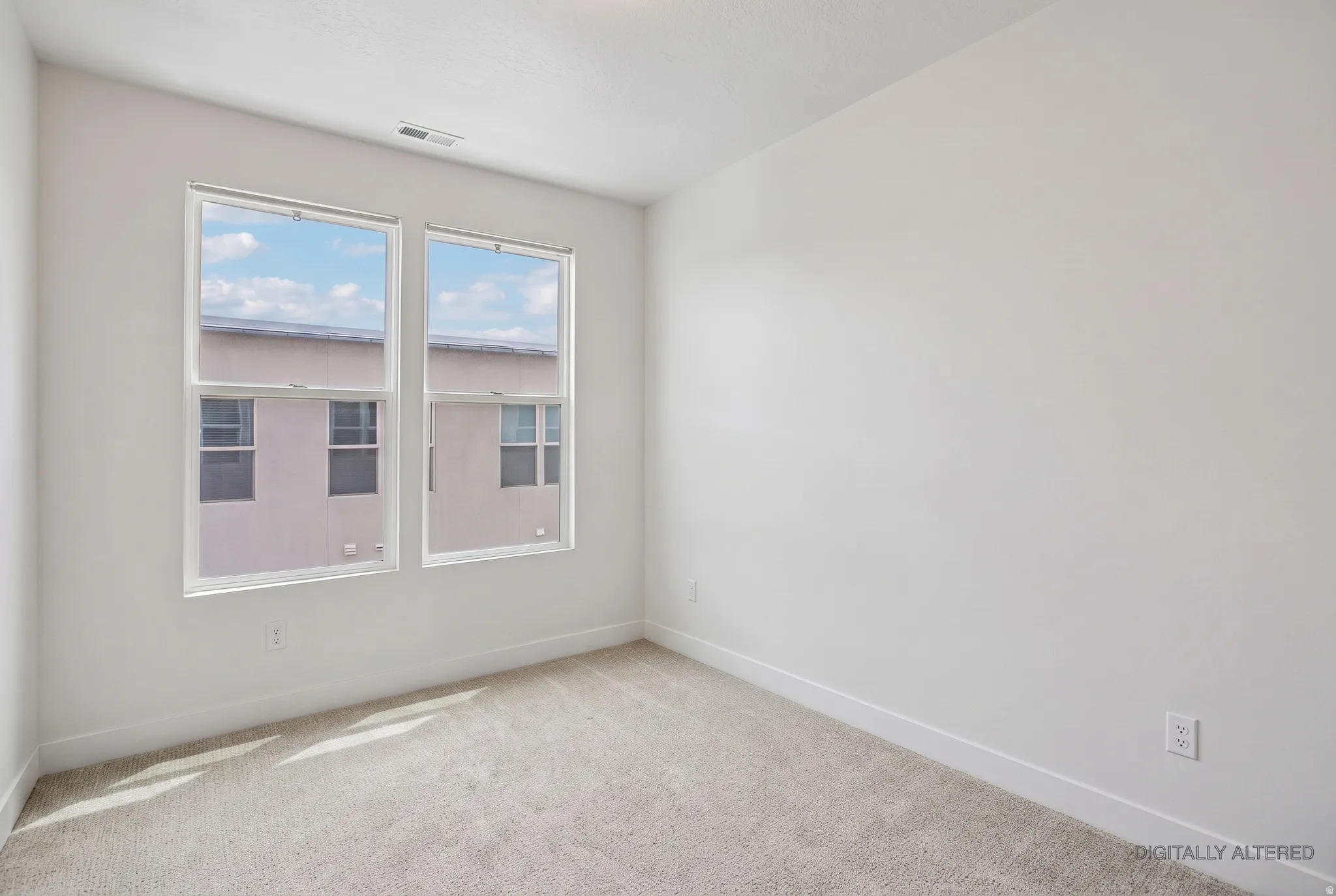 Light-toned carpeting, white walls, and dual vertical windows