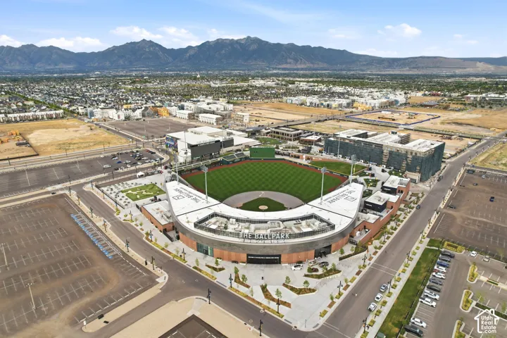 Aerial perspective showcasing the ballpark and surrounding urban development
