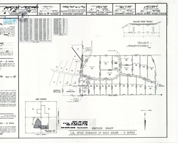 Plat Map, Phase II Aspen Cove at Scofield (Plat B). Illustrating the layout of the property, including lot configurations and a typical road section